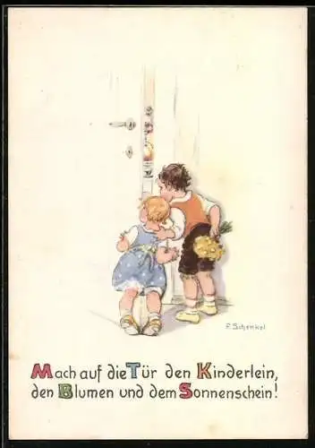 Künstler-AK Franziska Schenkel: Mach auf die Tür den Kinderlein, den Blumen un dem Sonnenschein!