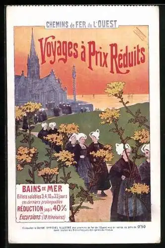 Künstler-AK Chemins de Fer de l'Ouest, Viyages à Prix Réduits, Bains de Mer, Verlassen einer Kirche