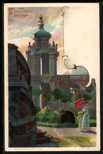 Künstler-AK Heinrich Kley: Dresden, Mutter und Kind spazieren im Zwinger