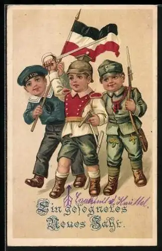 AK Kinder verkleidet als Soldaten des Zweibundes mit Fahne, Säbel u. Gewehr