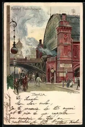 Künstler-Lithographie Heinrich Kley: Berlin, Bahnhof Friedrichstrasse