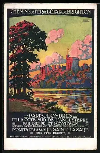 Künstler-AK Windsor, Le Chateau, Chemins de Fer de l`Etat & de Brighton, Reklame für Tourismus, Schwäne