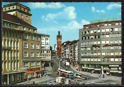 AK Pforzheim, Leopoldplatz und Bahnhofstrasse mit Geschäften