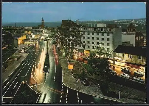 AK Pforzheim, Bahnhofplatz mit Hauptbahnhof, St. Franziskus-Kirche, Bahnhofstrasse und Durchblick zur Schlosskirche