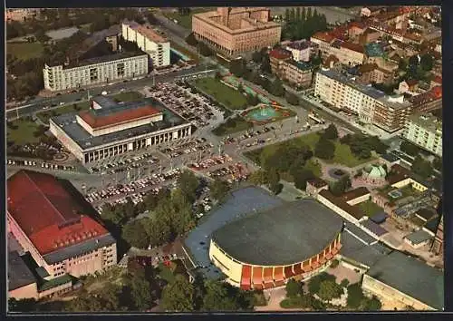 AK Karlsruhe, Festhallenplatz, Fliegeraufnahme