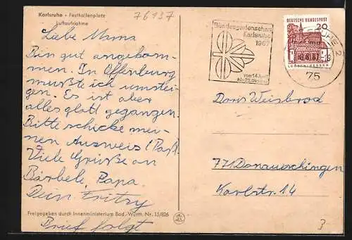 AK Karlsruhe, Festhallenplatz, Fliegeraufnahme