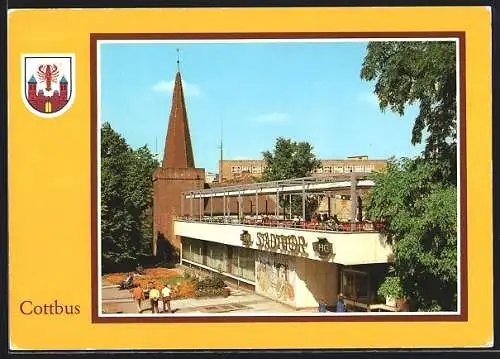 AK Cottbus, HO-Gaststätte am Stadttor mit Wehrturm der alten Stadtmauer