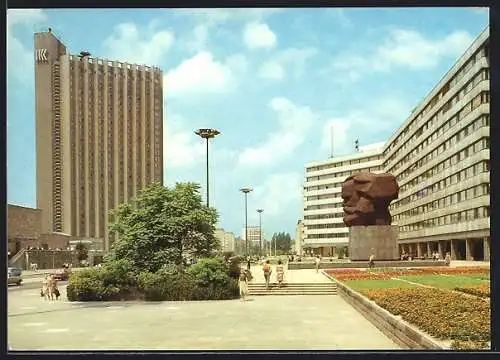 AK Karl-Marx-Stadt, Karl-Marx-Allee mit Interhotel Kongress, Rat des Bezirkes und Karl-Marx-Monument