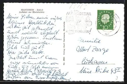 AK Mannheim, Schloss, Auffahrt zur Rheinbrücke aus der Vogelschau