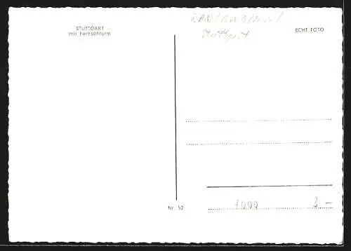 AK Stuttgart, Totalansicht mit Fernsehturm aus der Vogelschau