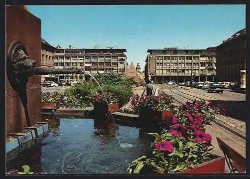 AK Karlsruhe, Brunnen am Marktplatz