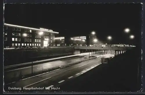 AK Duisburg, Hauptbahnhof bei Nacht