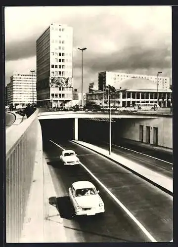 AK Berlin Autotunnel und Haus des Lehrers am Alexanderplatz