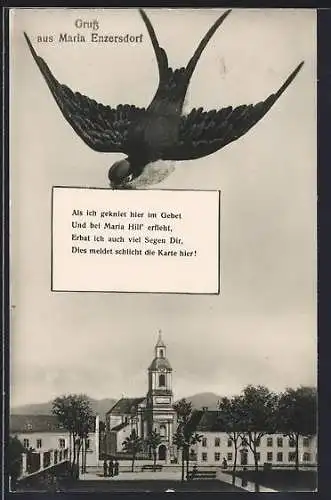 AK Maria Enzersdorf, Schwalbe mit Brief über der Kirche