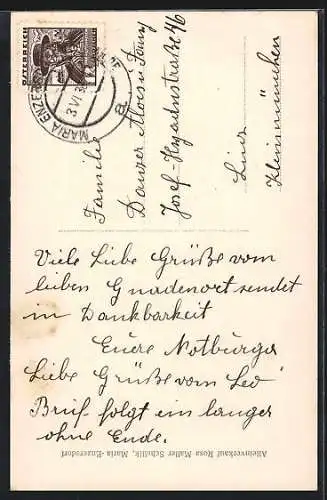 AK Maria Enzersdorf, Schwalbe mit Brief über der Kirche