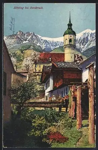 AK Hötting bei Innsbruck, Ortspartie mit Kirchturm
