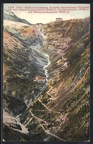AK Ferdinandshöhe /Tirol, Stilfserjochstrasse mit den Hotels Franzenshöhe, Ferdinandshöhe und Dreisprachenspitze