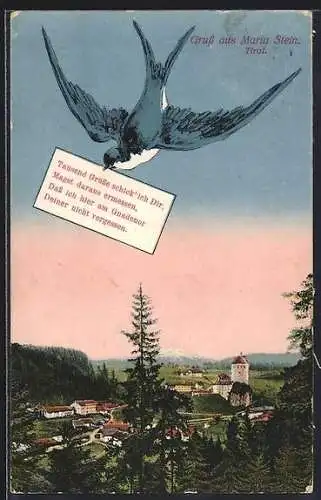 AK Maria Stein /Tirol, Schwalbe mit Brief über dem Ort