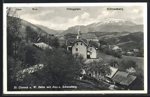AK St. Corona a. W., Ortsansicht mit Rax und Schneeberg