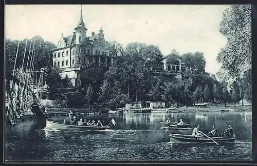 AK Grimma / Sa., Hotel Gattersborg am Moldenthal, Seepartie mit Ruderbooten
