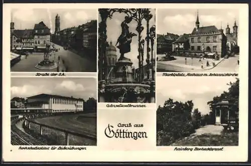 AK Göttingen, Gänselieselbrunnen, Marktplatz mit Rathaus und Johanniskirche, Hochschulinstitut für Leibesübungen