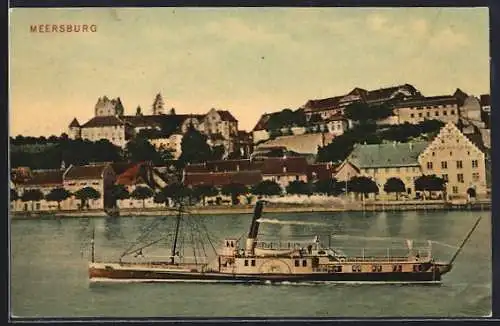 AK Meersburg, Blick vom Fluss auf die Ortschaft, Dampfer