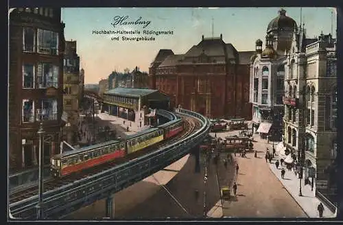 AK Hamburg, Hochbahn-Haltestelle Rödingsmarkt & Steuergebäude, Strassenbahn