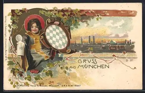 Lithographie Münchner Kindl mit Wappen und Bierkrug