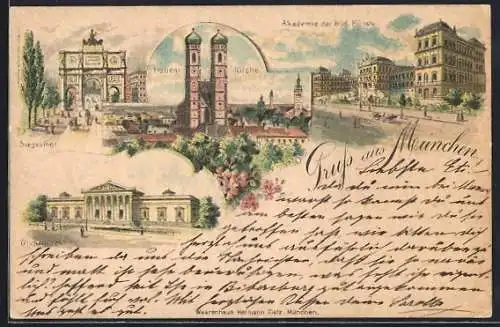 Lithographie München, Siegesthor, Frauenkirche, Akademie der Bild. Künste, Glyphothek