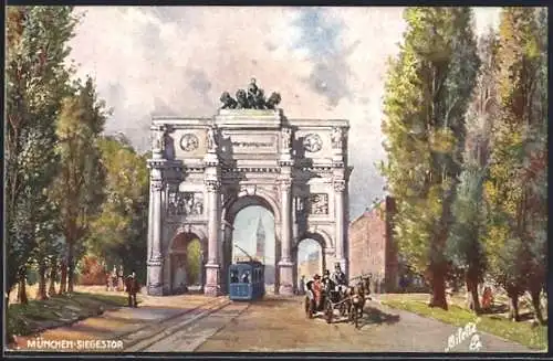 Künstler-AK München, Strassenbahn am Siegestor