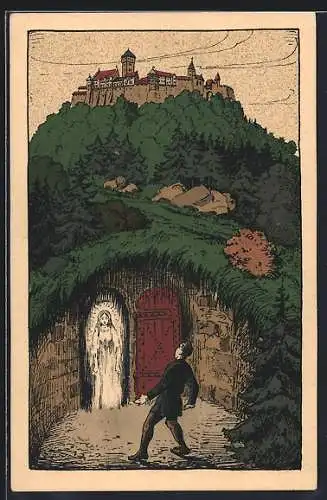 Steindruck-AK Bad Harzburg, Die weisse Jungfer von Harburg, Die Sage vom Kaiserbrunnen a.d. Burgberg