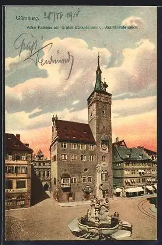 AK Würzburg, Altes Rathaus mit Grafen Eckardsturm u. Vierröhrenbrunnen