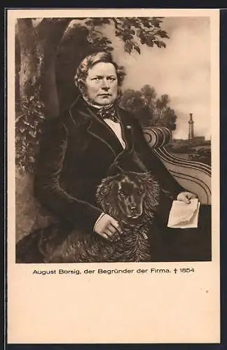 Künstler-AK August Borsig, der Begründer der Firma, Bildnis mit Hund