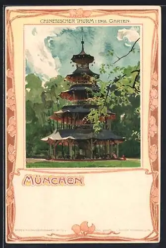 Lithographie München-Schwabing, Chinesischer Turm im englischen Garten