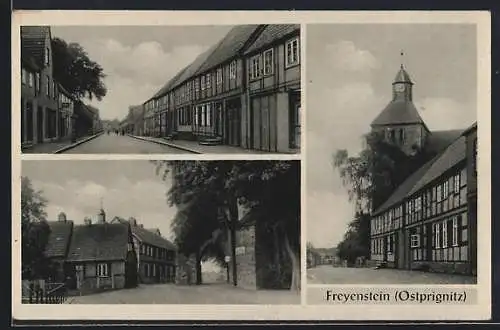 AK Freyenstein /Ostprignitz, Strassenpartie mit Gebäudeansicht, Tor, Kirche