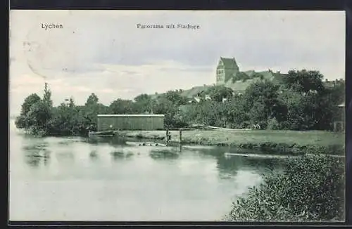 AK Lychen, Panorama mit Stadtsee