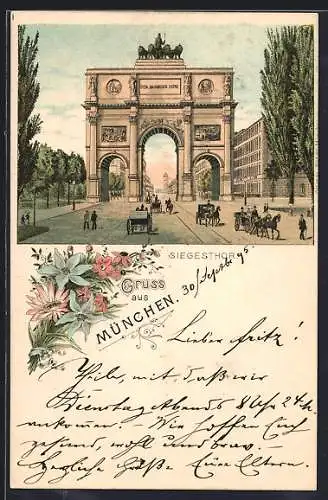 Lithographie München, Kutschen vor dem Siegestor
