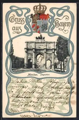 AK München, Siegesthor mit bayerischem Wappen