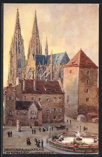 Künstler-AK Regensburg, Moltkeplatz mit Römerturm und Herzogshof