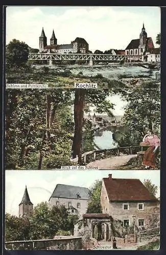 AK Rochlitz, Schloss und Petrikirche, Schlosstor, Blick auf das Schloss