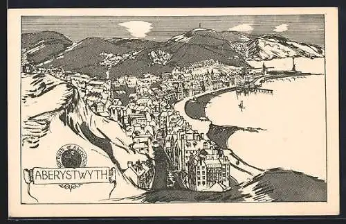 Künstler-AK Aberystwyth, Bird`s Eye View