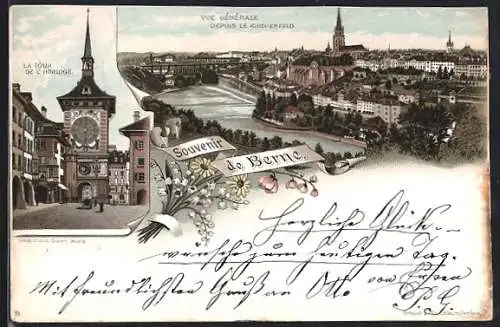 Vorläufer-Lithographie Berne, 1895, La Tour de l`Horloge, Vue générale depuis le Kirchenfeld