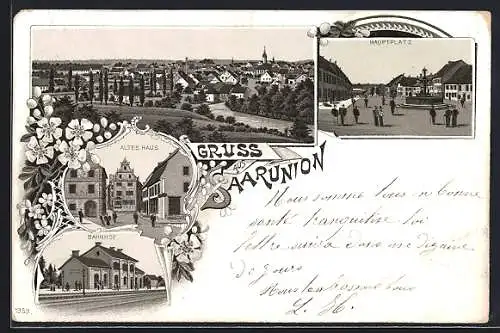 Lithographie Saarunion, Bahnhof, Hauptplatz, Altes Haus