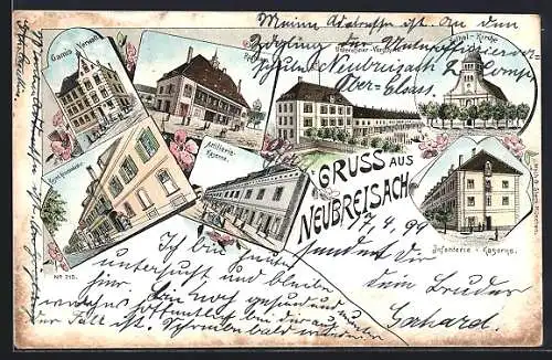 Lithographie Neubreisach, Artillerie-Kaserne, Infanterie-Kaserne, Unteroffizier-Vorschule und Kaiserl. Kommandantur