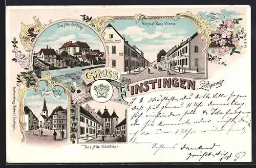 Lithographie Finstingen, Vorstadt Hauptstrasse, Altes Schloss, Altes Stadtthor