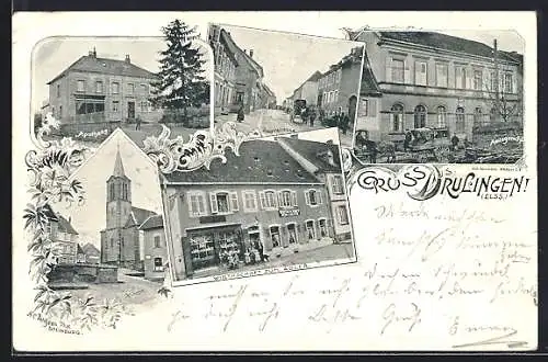 AK Drulingen /Els., Gasthaus zum Adler, Apotheke, Hauptstrasse, Amtsgericht und Kirche