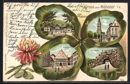 Lithographie Münster i. E., Bahnhof, Rathaus, Schlucht und Ev. Kirche im Kleeblatt-Passepartout