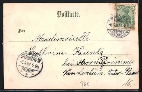 Lithographie Münster i. E., Bahnhof, Rathaus, Schlucht und Ev. Kirche im Kleeblatt-Passepartout