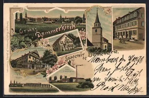 Lithographie Dammerkirch, Restaurant von L. Dinten, Bahnhof-Restaurant, Fabrik Giradont, Restaurant A. Riss