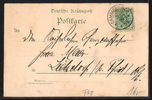 Lithographie Dammerkirch, Restaurant von L. Dinten, Bahnhof-Restaurant, Fabrik Giradont, Restaurant A. Riss